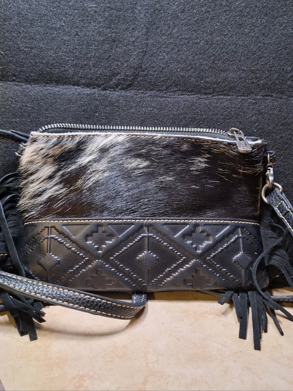 Montana West Hair-On Cowhide Leather Fringe Clutch/Crossbody Black Western Tool